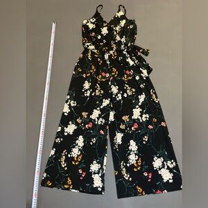 Kailaigh Black Floral Wide-Leg Jumpsuit with Waist Tie - Size M